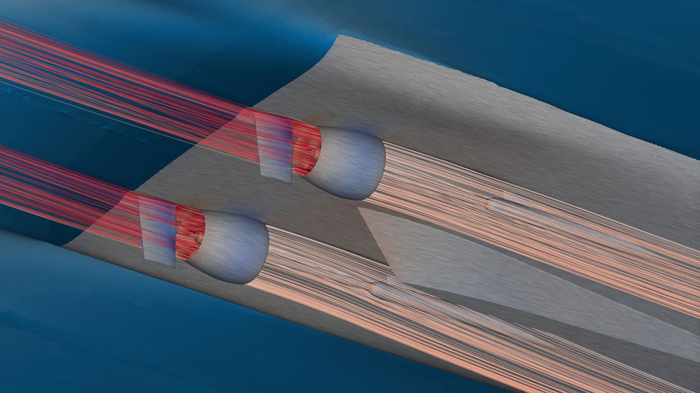 CFD representation of the flow patterns and pressure distribution at a speed of 19 knots.