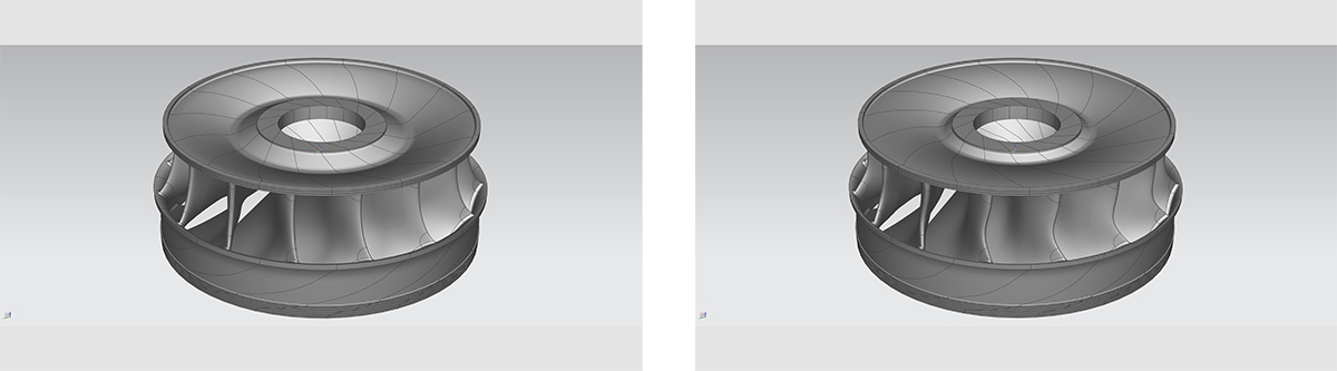Comparison between a conventionally designed runner (left) and a design optimized using AutoOpti (right). Comparison between a conventionally designed runner (left) and a design optimized using AutoOpti (right).