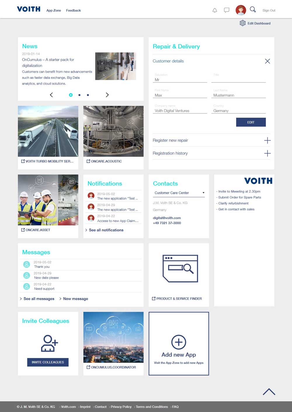 The dashboard of MyVoith