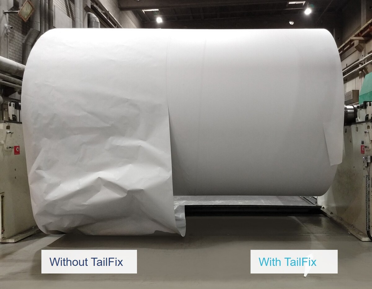 With the help of the TailFix, paper ends can be reliably fixed. The picture shows the condition without outer layer gluing on the left and the optimized condition after using the TailFix automatic gluing system on the right. With the help of the TailFix, paper ends can be reliably fixed. The picture shows the condition without outer layer gluing on the left and the optimized condition after using the TailFix automatic gluing system on the right.