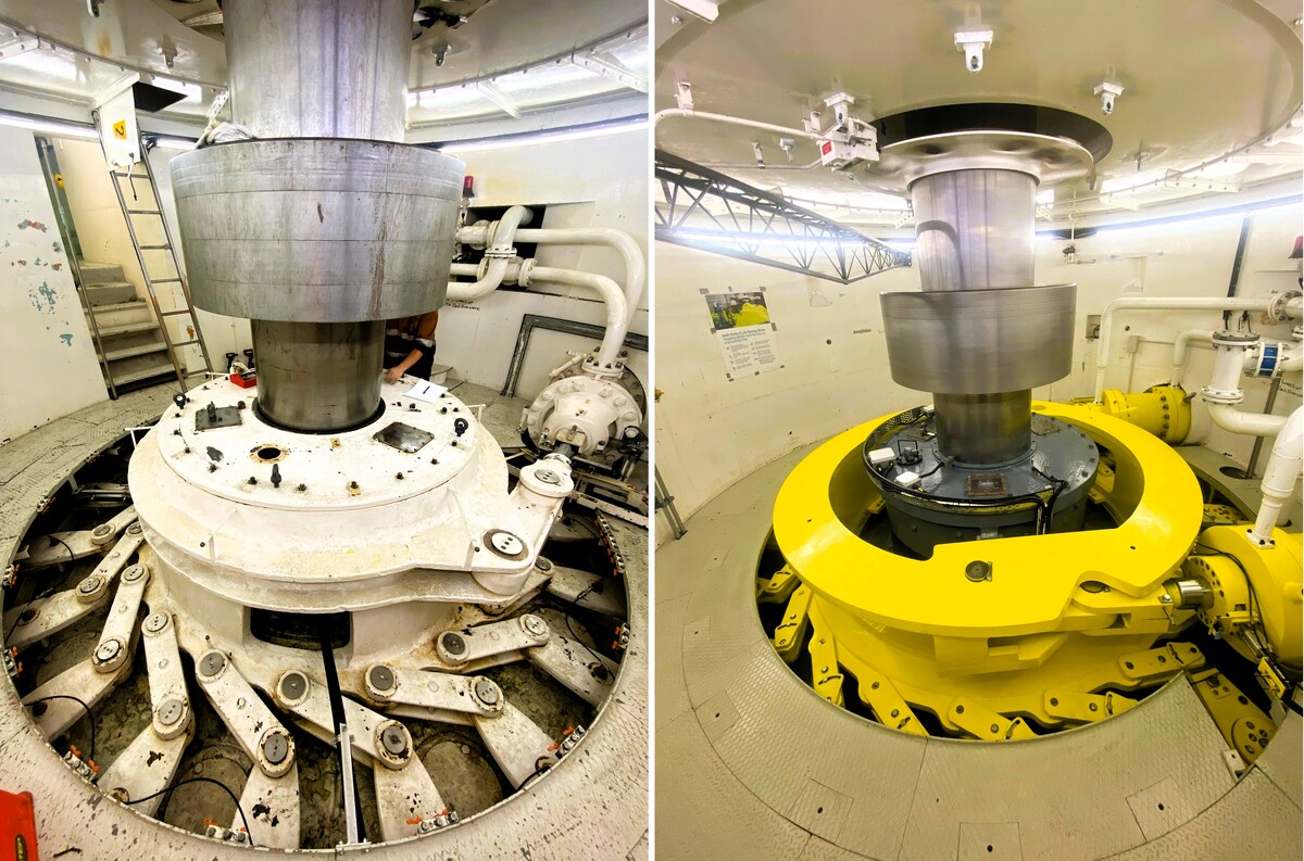 The original 1950s turbine (left) has been replaced by a new Voith turbine (right).